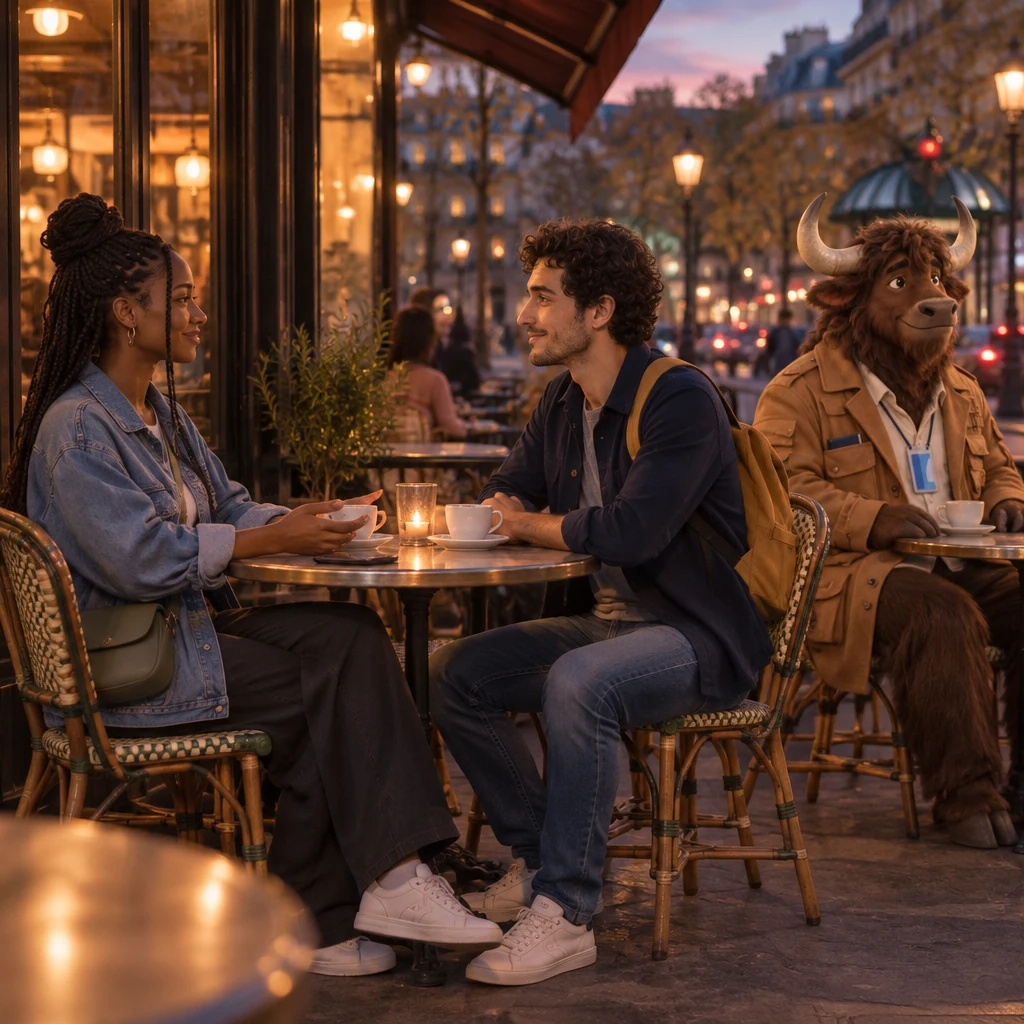 In profile, Inès sits back with the phone face-down and hands open on the table as Sam shares a settled pause, Gaspard still at the next table.