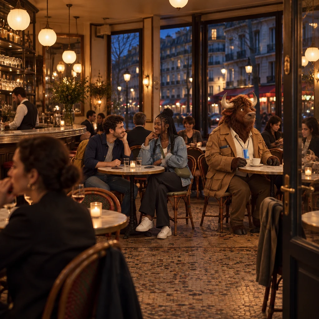 A wide evening view of Café des Tilleuls with Sam and Inès at a round table with phones and Gaspard on two chairs beside an untouched café crème.