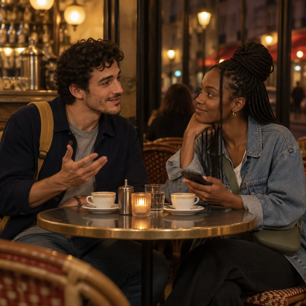 A medium two-shot of Sam proposing the high-speed train while Inès listens across the round table.