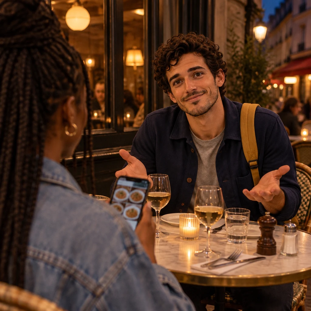 An over-the-shoulder view past Inès toward Sam, who leans across the table with open hands as if asking what they should eat.