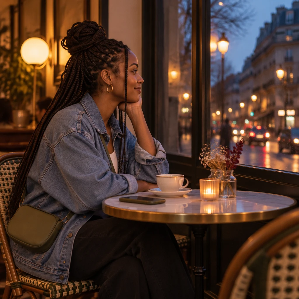 A profile of Inès turned toward the dusk window, phone face-down, settled on leaving Friday evening after work.