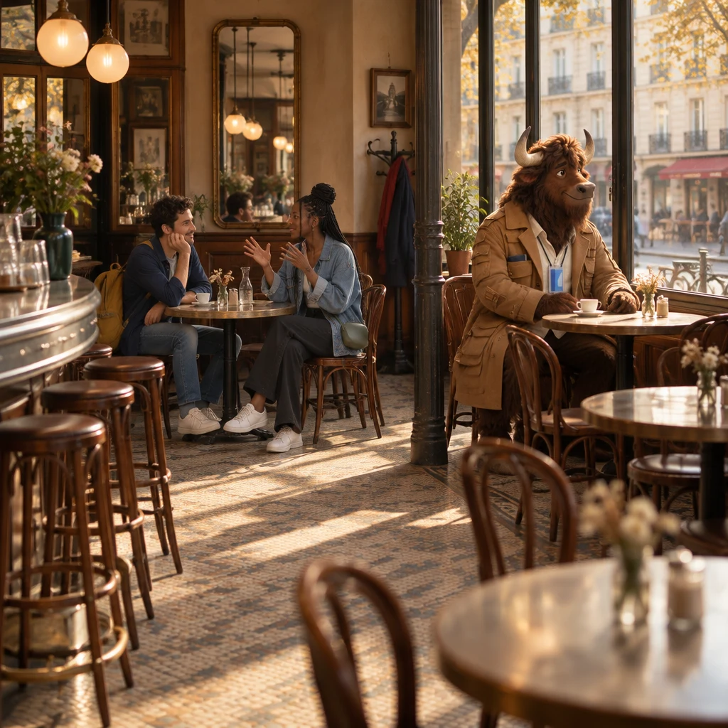 A late-afternoon wide view of Café des Tilleuls with Sam and Inès at a round table and Gaspard on two chairs by the window beside a full cup.