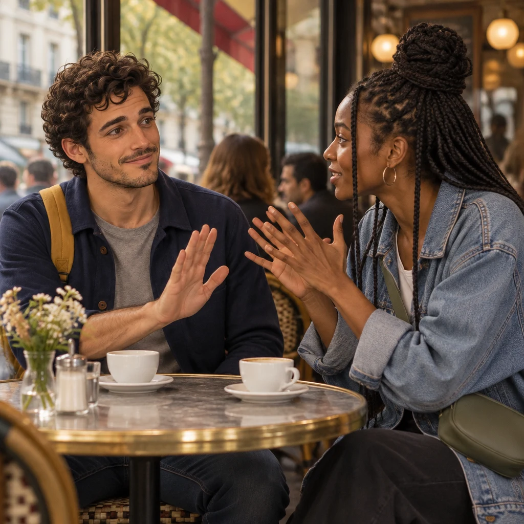 Sam at the round table raises an open palm toward Inès, who still has both hands up in a storytelling pose.