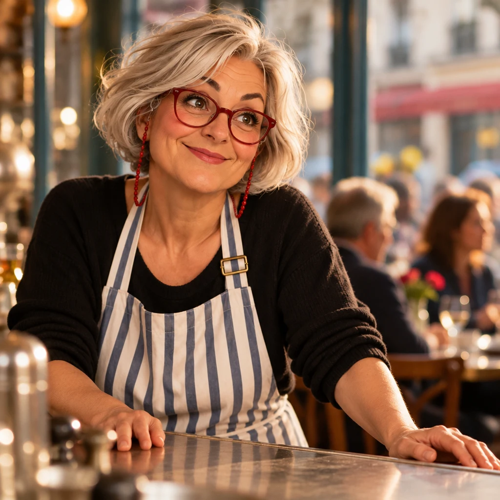 Odile at the zinc pauses her work, both hands on the counter, body turned toward the room as she listens.