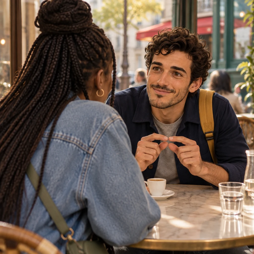Over Inès's shoulder, Sam leans across the round table with both hands held close together.