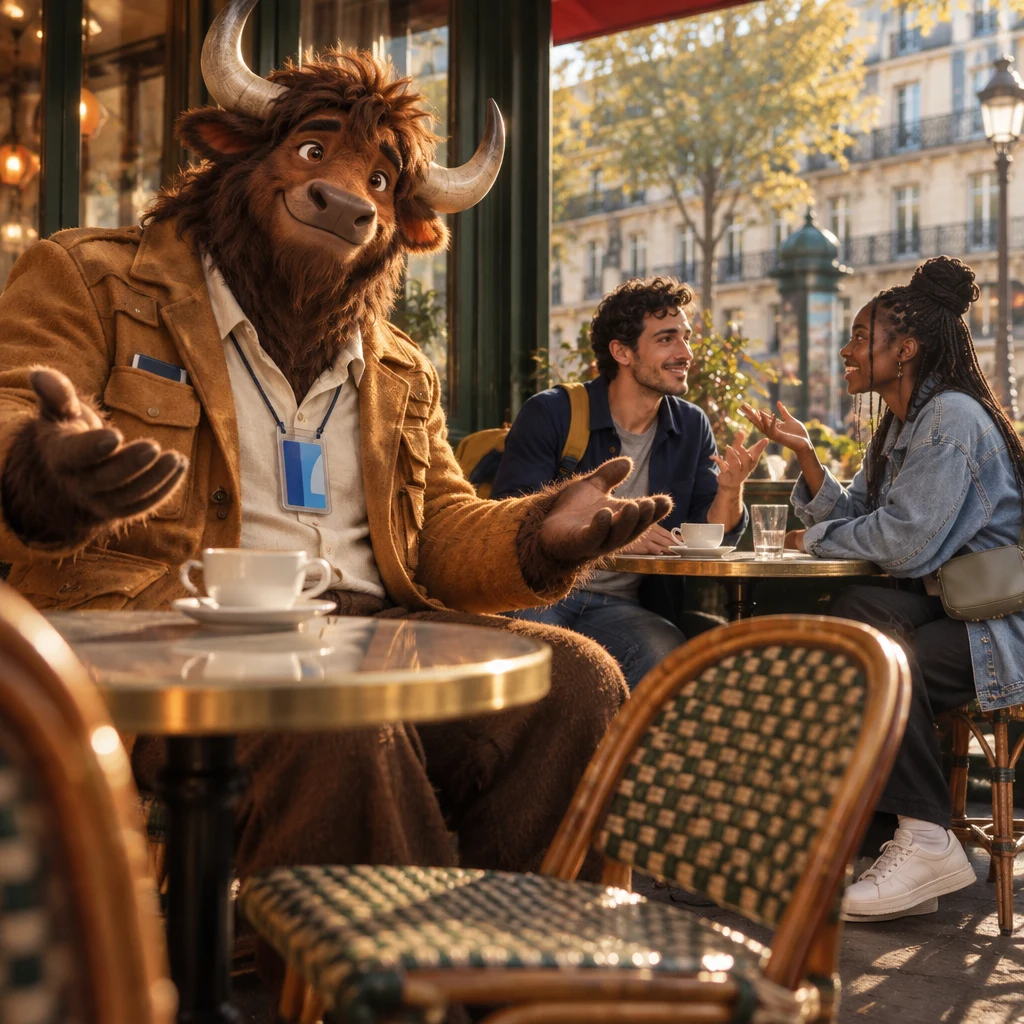 Gaspard sits on two chairs at the window table and opens both arms toward Sam and Inès in the background, a full cup in front of him.