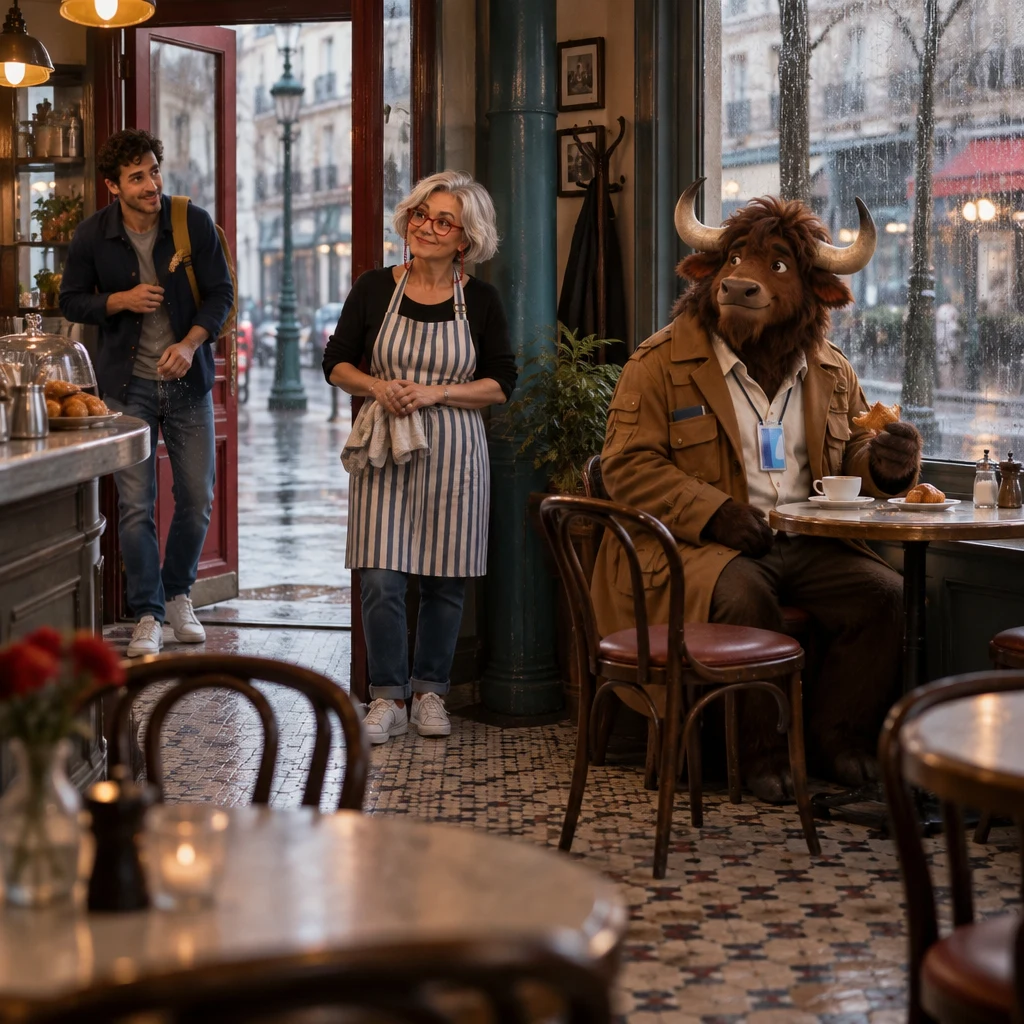 Rain pounds the empty terrace as Sam shakes off the wet in the doorway, Odile looks up from the zinc counter and nods toward a table, and Gaspard already sits with another chair pulled in beside a half-eaten croissant and an untouched café crème.