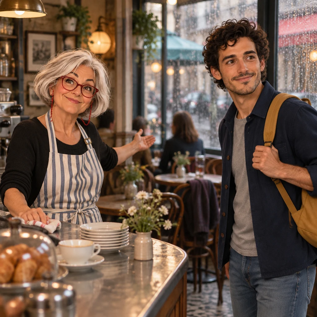 Odile looks up from the zinc counter and nods Sam toward a table, keeping him inside out of the hard rain.