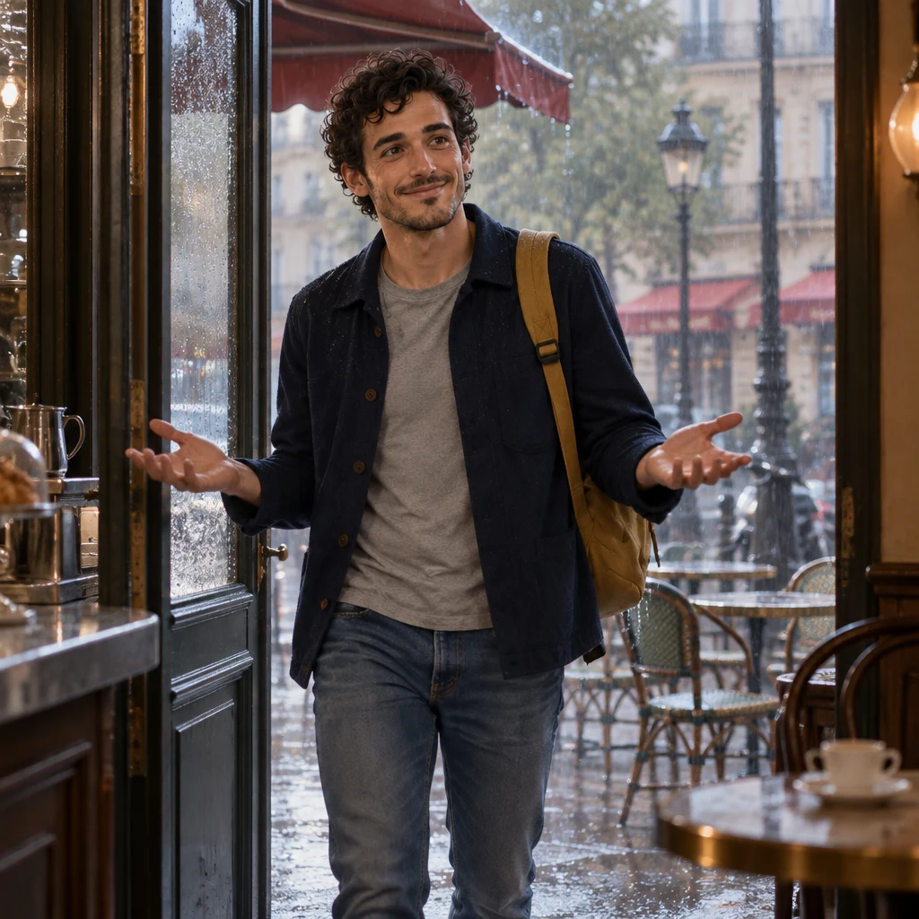 Sam comes through the doorway with an open-handed shrug, free for the morning while rain sheets the terrace behind him.