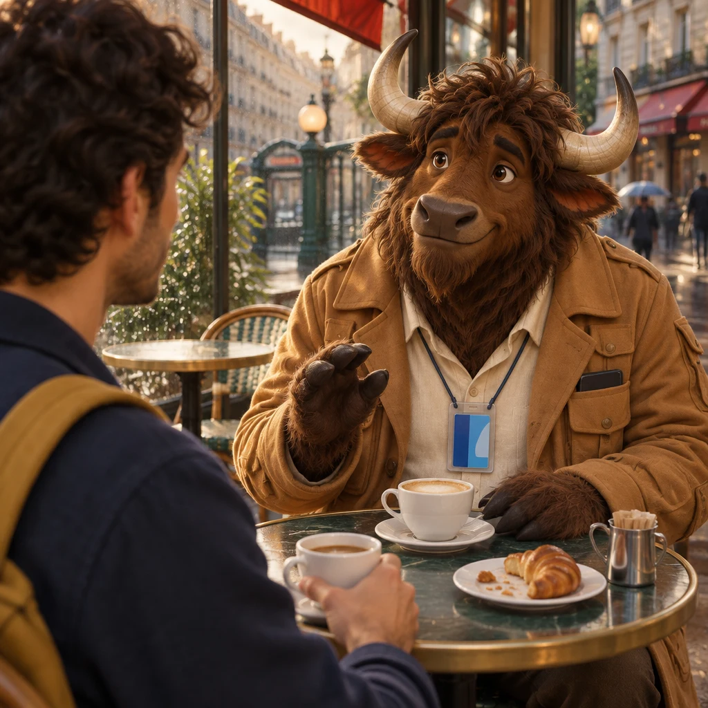 Over Sam's shoulder, Gaspard leans in from the chairs by the window and starts a long story beside a half-eaten croissant, leaving the window table empty.