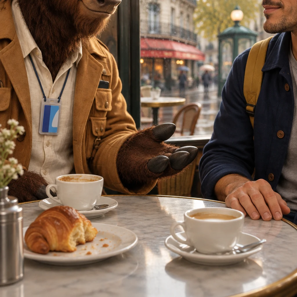 Gaspard's palm turns up over the table beside the half-eaten croissant and full café crème, inviting the story of the first time.