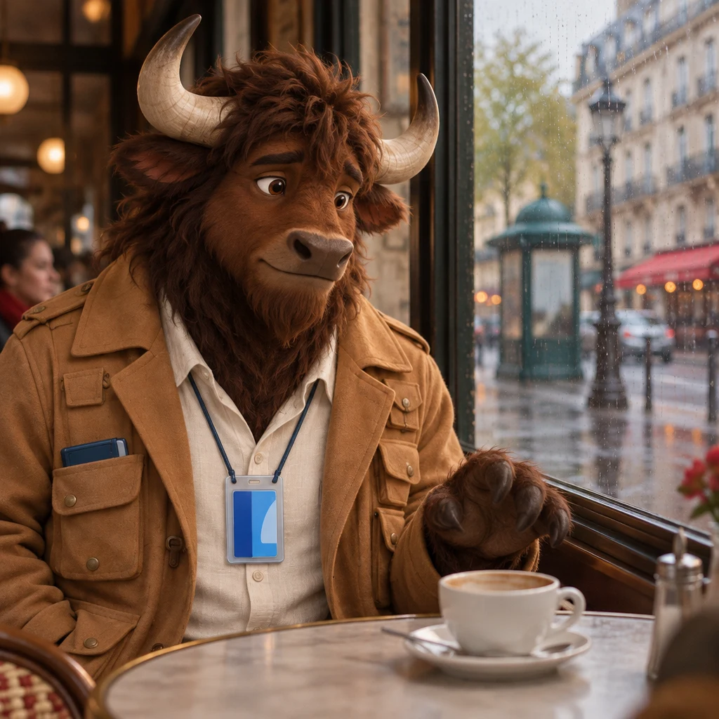 Gaspard pauses mid-gesture and looks toward the rain and the unfinished café crème, having lost the place in the story.