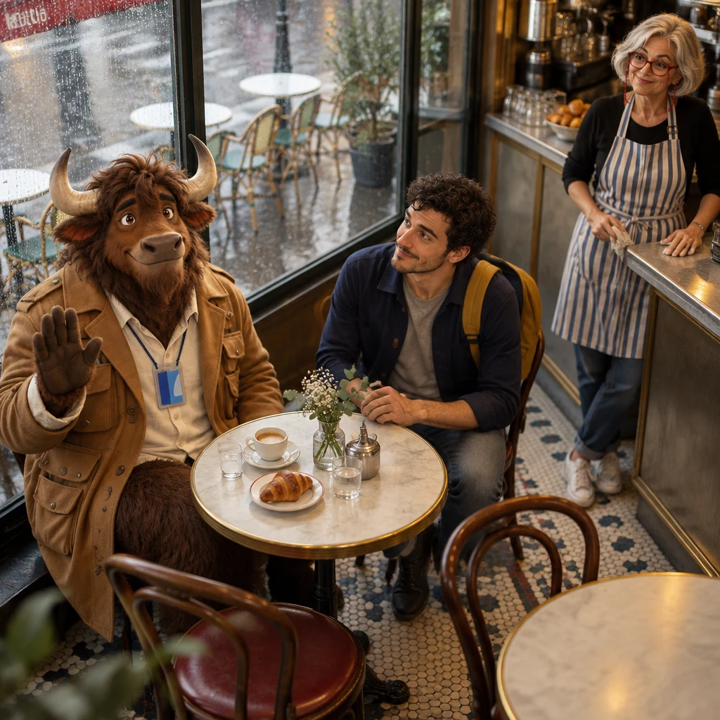 From above, Gaspard holds a flat pausing palm while Sam watches from the other chair and Odile looks on from the counter, the rest of the story left for later.