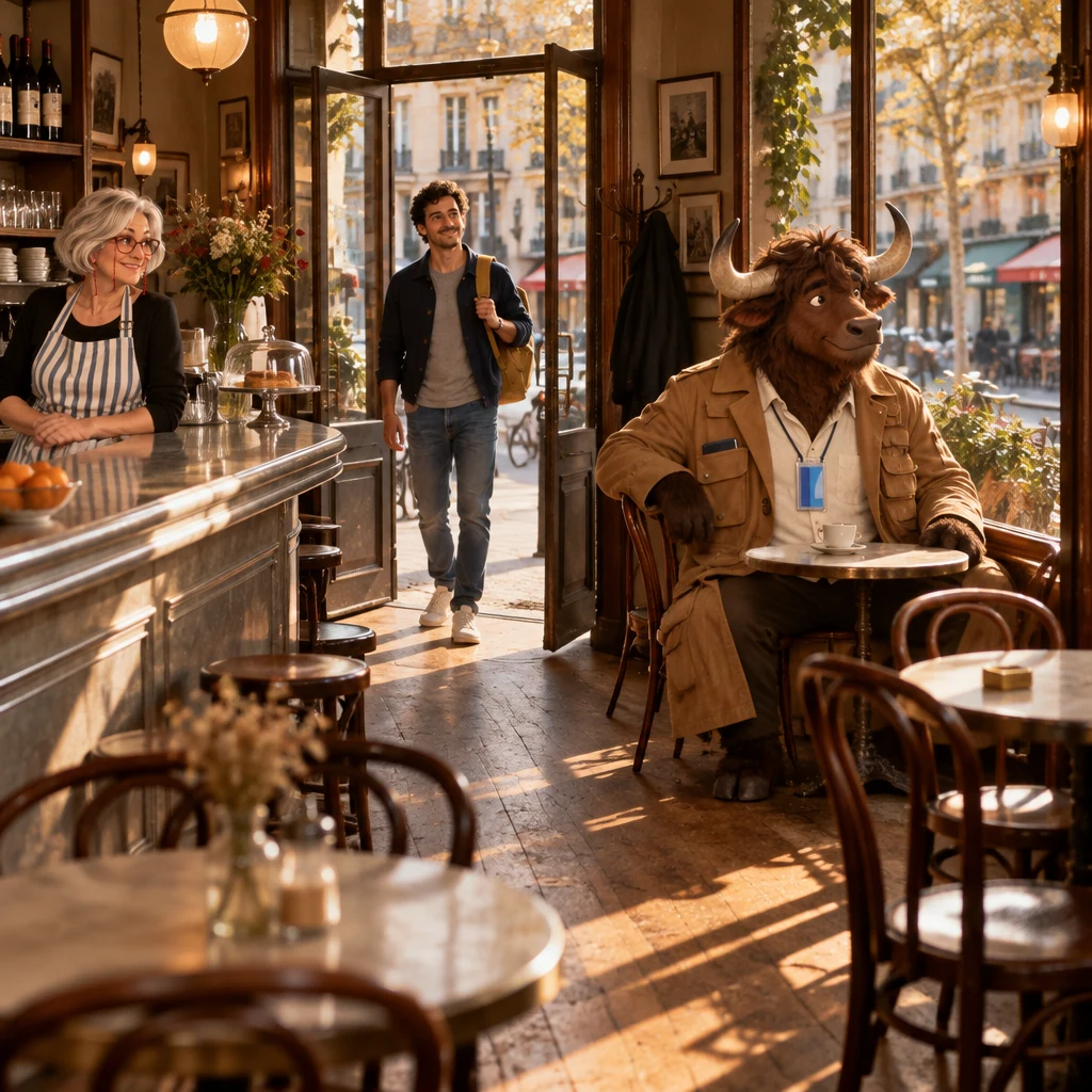 Wide late-afternoon café interior with Sam coming through the door, Odile watching from the zinc, and Gaspard by the windows.