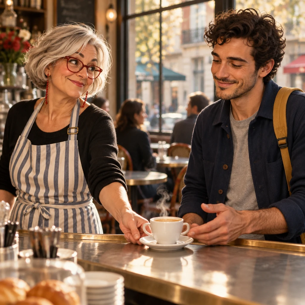 Odile slides a coffee with milk across the zinc toward Sam.