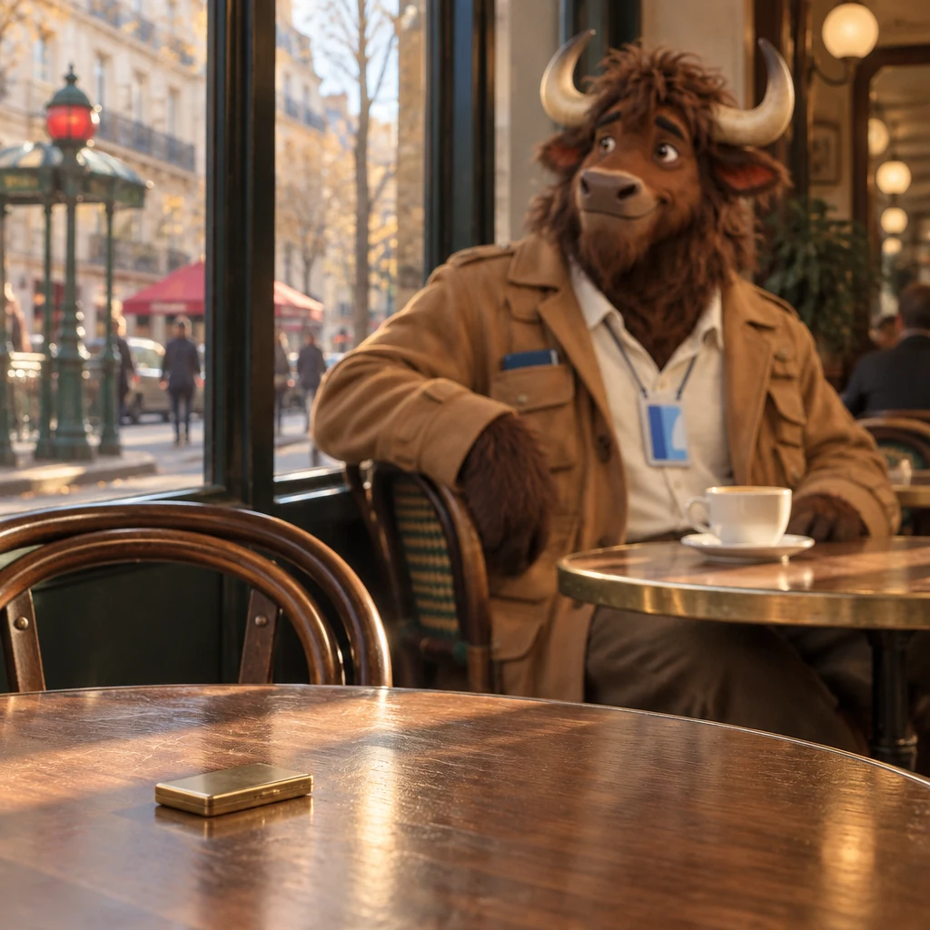 The unused window table sits empty in the late light, with Gaspard soft at the next table.
