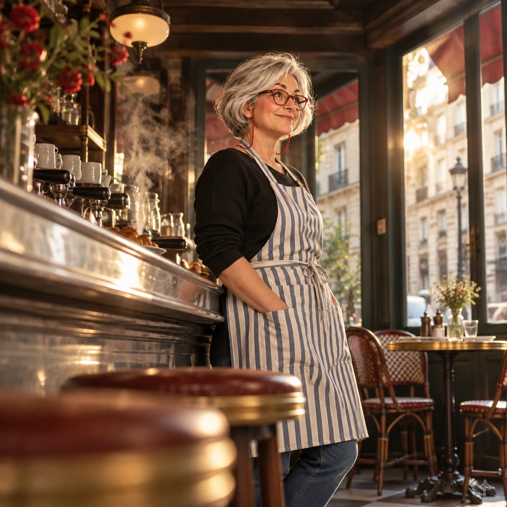 Odile stands still at the end of the zinc, looking toward the empty window table in a private pleased pause.