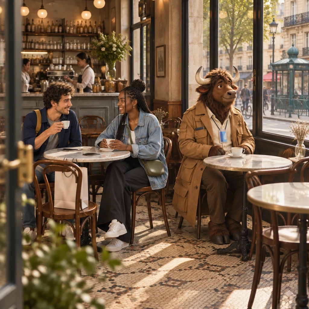 A wide Sunday-morning view of Café des Tilleuls with Sam and Inès at a table, Gaspard on a pair of chairs by the window, and the window table empty.