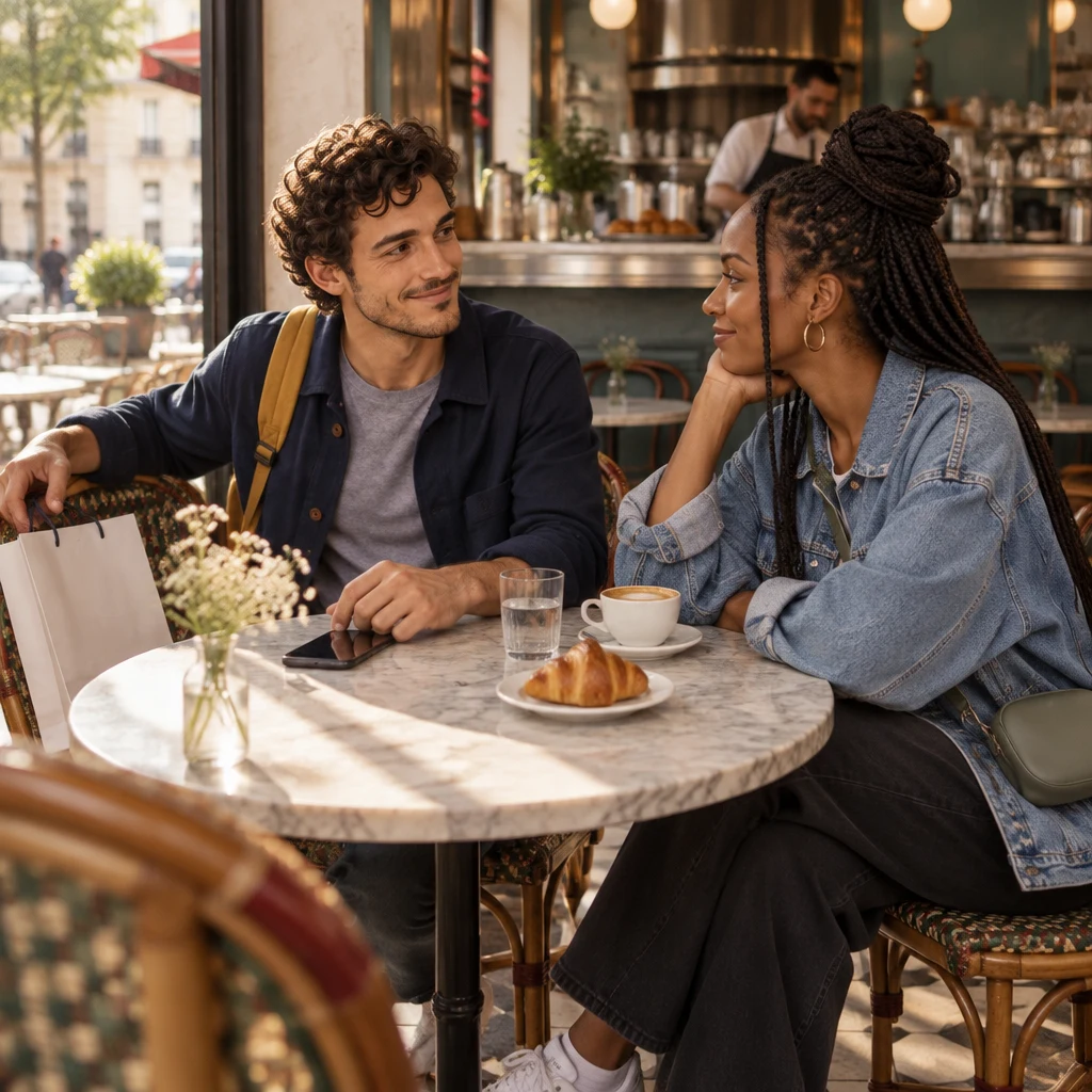 Sam sits at the café table with one hand on the shopping bag, presenting an online order to Inès.
