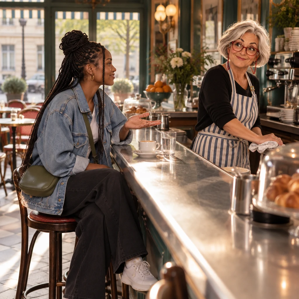 Inès turns in profile toward Odile at the zinc with an open-hand question about a shipping fee.