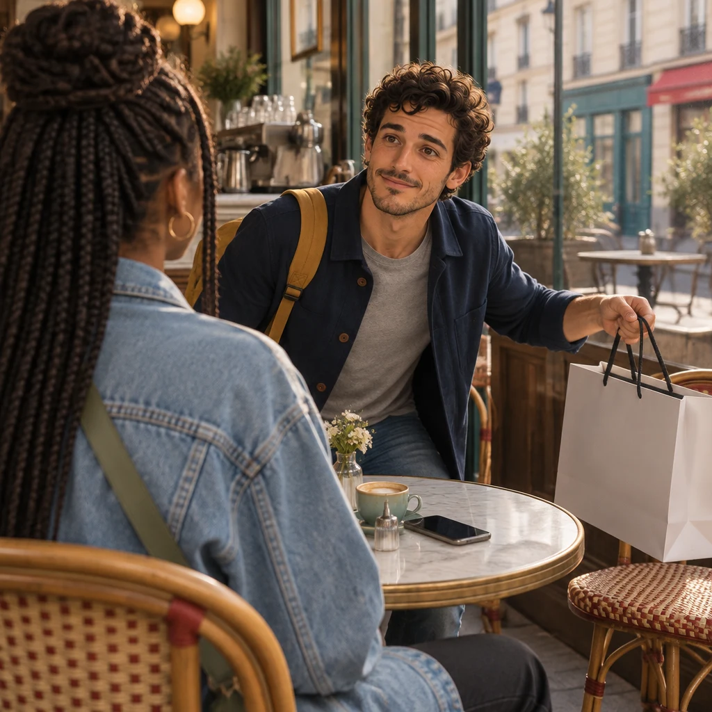 From over Inès's shoulder, Sam lifts the shopping bag off the chair as if to send the purchase back.