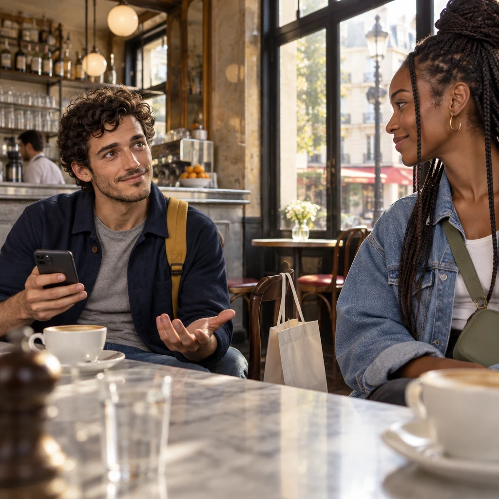 From a low angle, Sam holds a phone and opens a hand toward Inès, waiting on how long the refund takes.