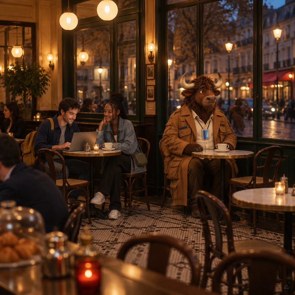 Evening at Café des Tilleuls, with Sam at a round table and a laptop, Inès with a coffee, and Gaspard on two chairs at the next table beside an untouched café crème.