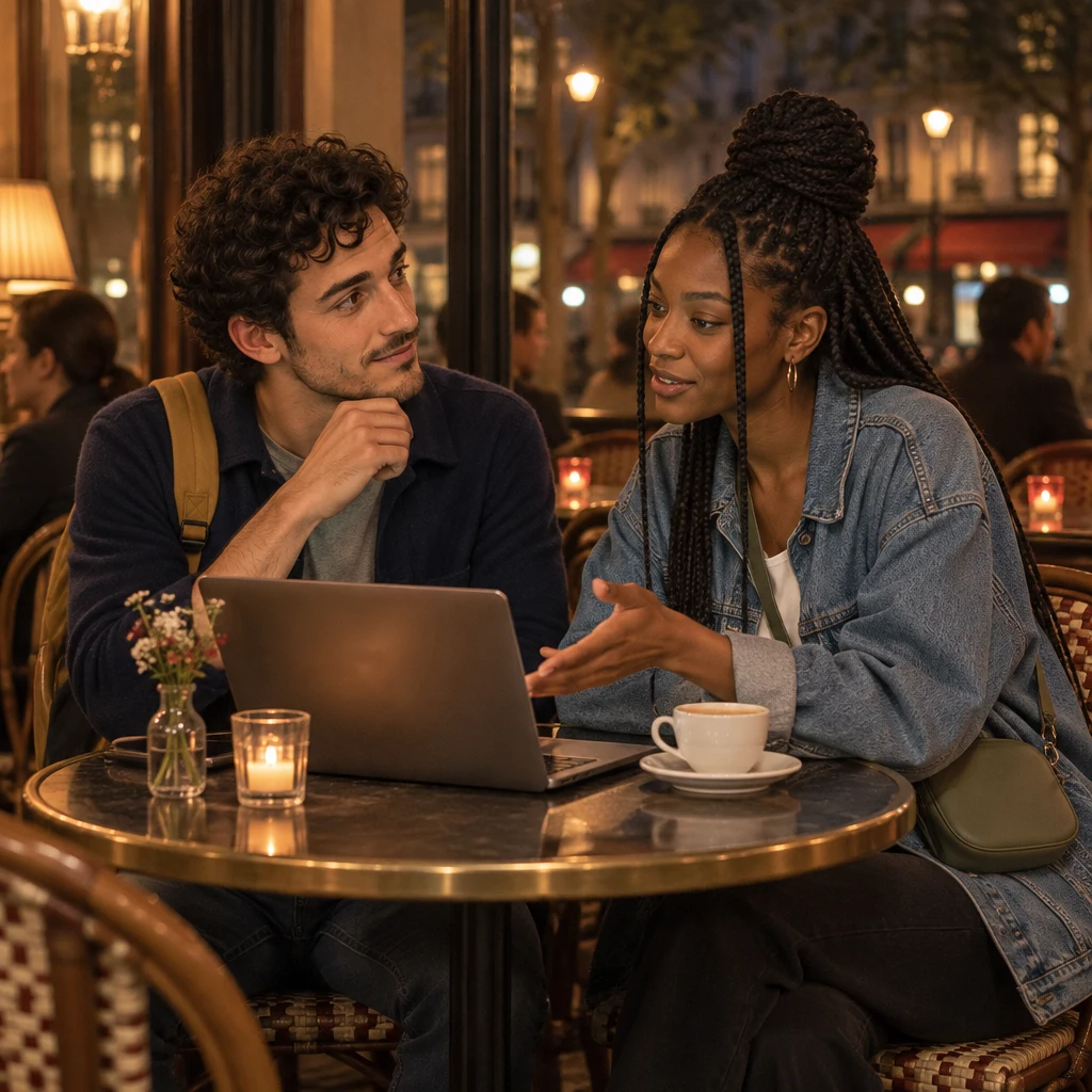Inès leans across the round café table toward Sam and his laptop, one hand open as she advises him.