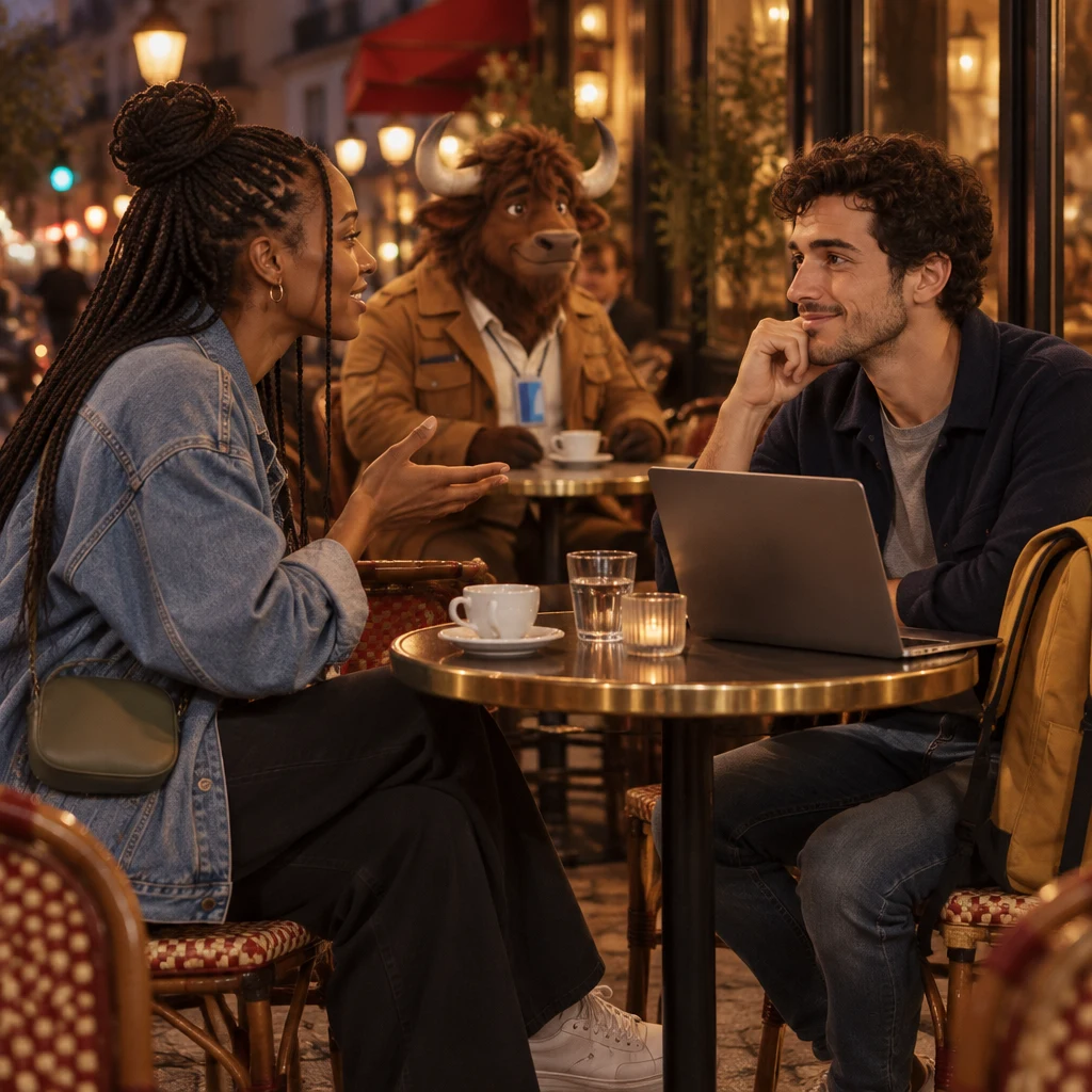 Inès in profile leans toward Sam to say what she would do in his place, while Gaspard sits on two chairs at the next table.