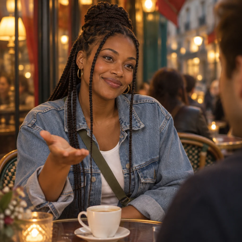Close-up of Inès at the café table with one palm up, inviting Sam to give it a try.