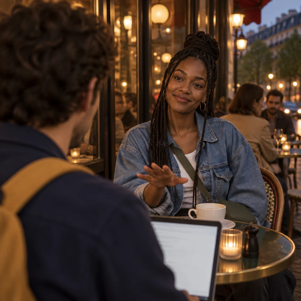 Over Sam's shoulder toward Inès, who holds a lowered cautioning palm as she tells him he would be better off asking first.