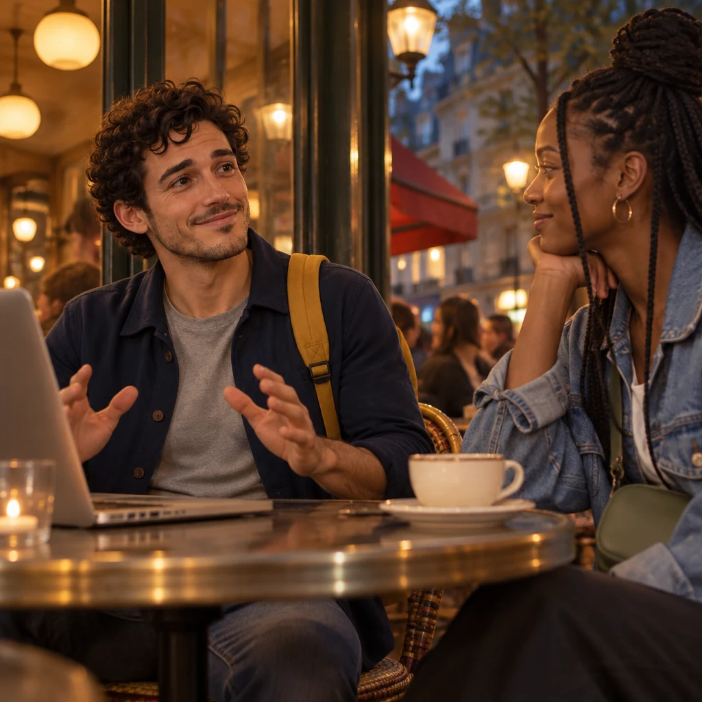 From a low angle, Sam looks up from the laptop toward Inès and nods in thanks, hands lifted off the keys.