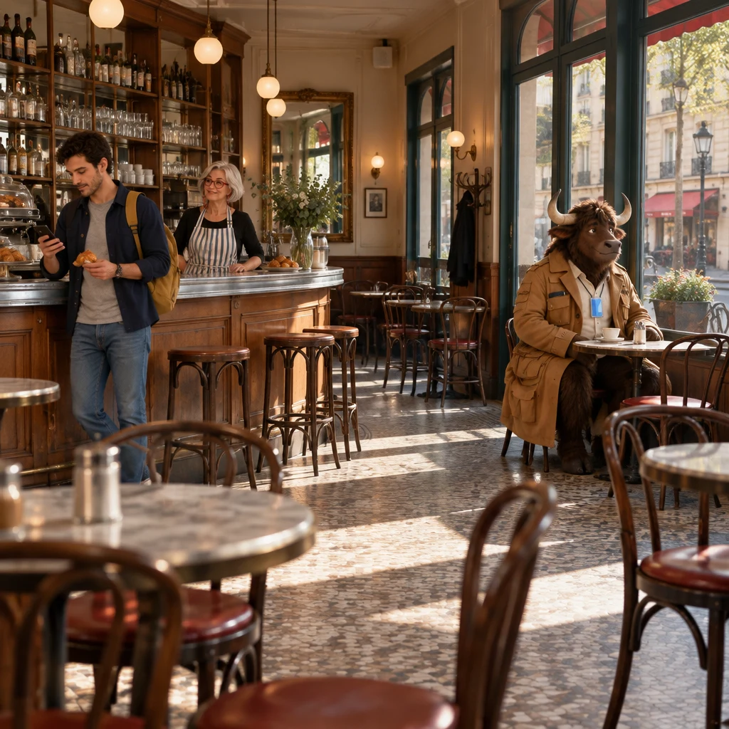 A wide late-morning café interior with Sam small at the zinc holding a phone and a croissant, Odile waiting behind the bar, and Gaspard on two chairs beside the window table.