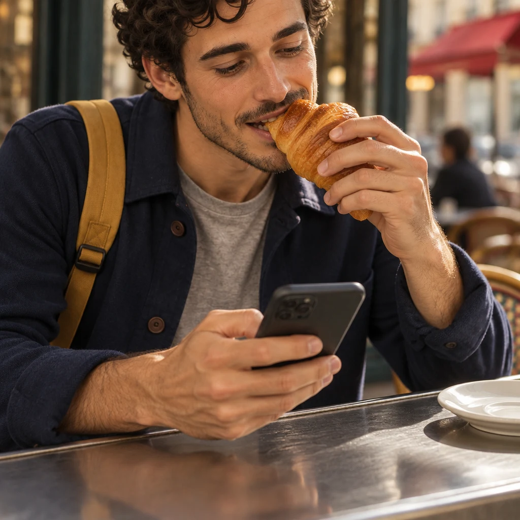 A close-up of Sam’s hands at the zinc, a croissant at the mouth and a phone in the other hand, both at once.