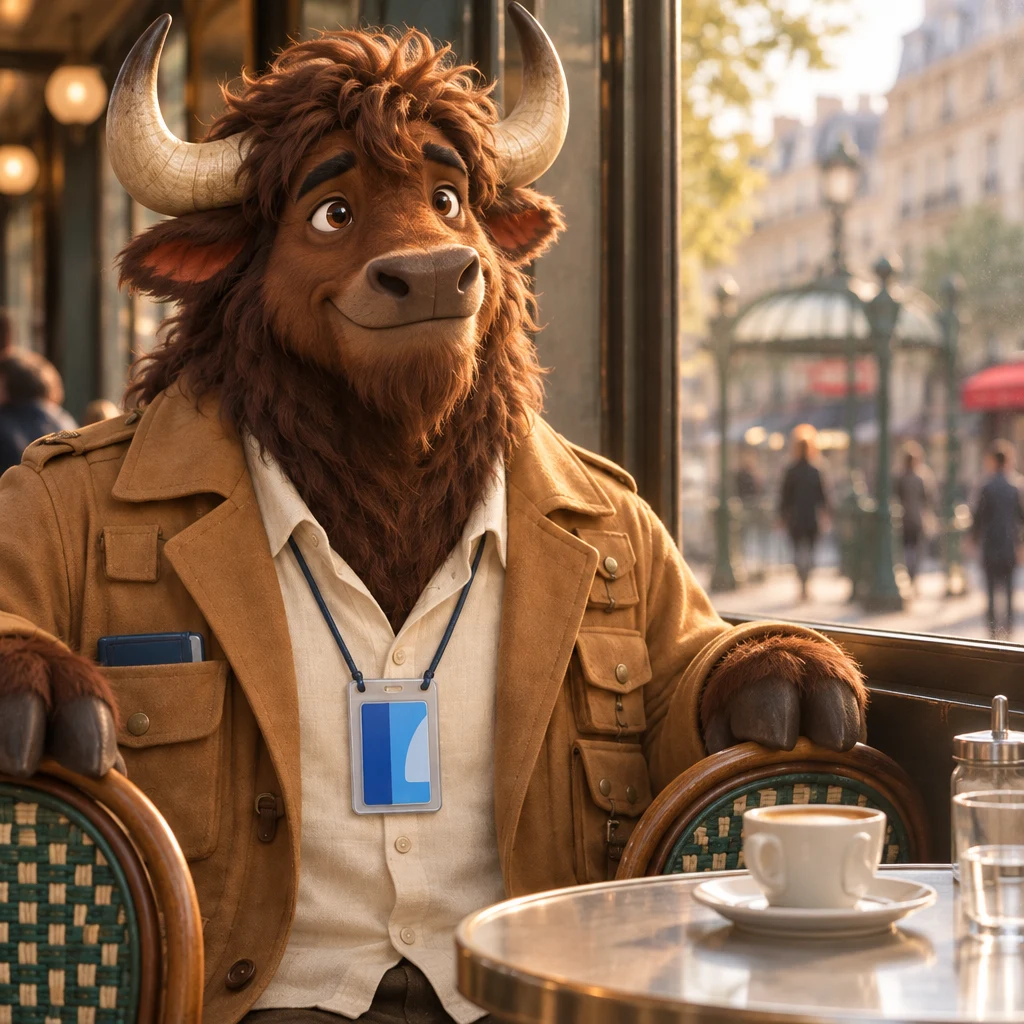 A close-up of Gaspard’s face reacting as he sits on two chairs beside the window table, café crème untouched.