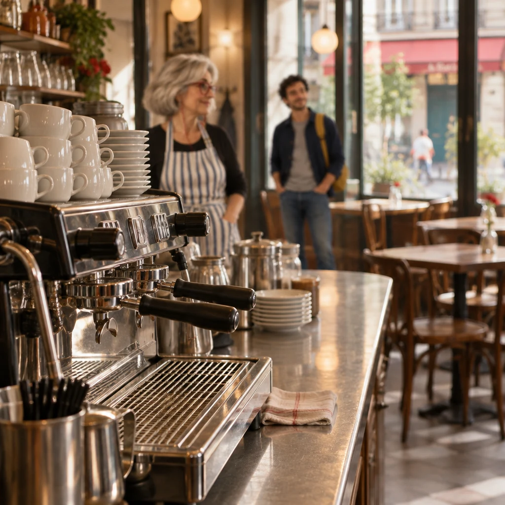 A detail of idle cups and the coffee machine, with Odile and Sam soft in the empty late-morning café behind.