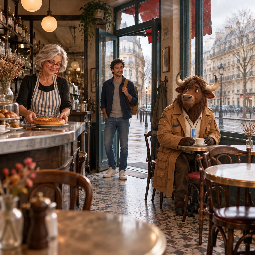 A wide view of the café on a grey afternoon, with Odile at the counter beside a round galette, Sam just inside the door, and Gaspard at the table next to the empty window table.