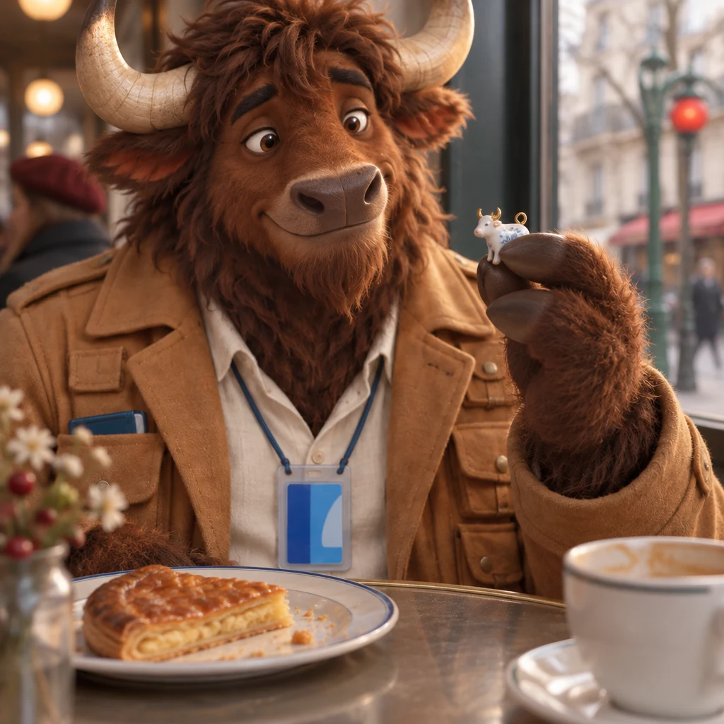 Gaspard holds up a tiny porcelain charm over a slice of galette.
