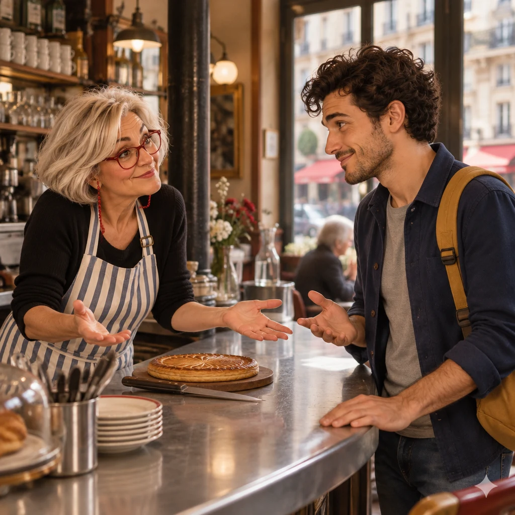 Odile leans across the counter with an open questioning gesture while Sam stands opposite her, talking about summer plans.