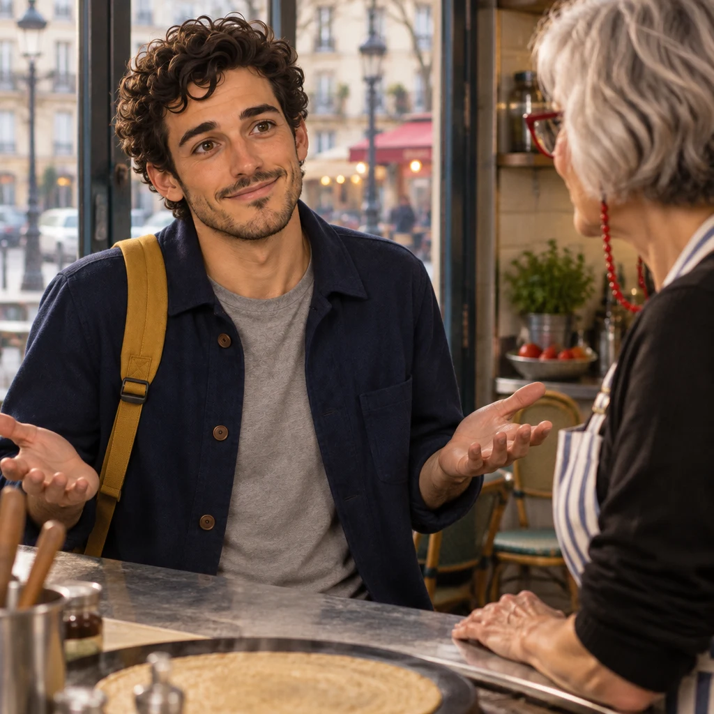 Sam at the counter pauses with a small shrug toward Odile, answering how they celebrate.