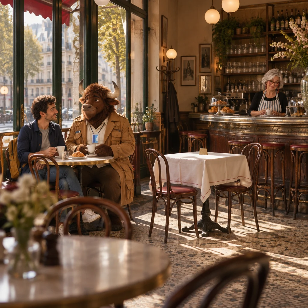 Late morning at Café des Tilleuls, with Sam and Gaspard at a window-side table, an unused two-top holding a small brass rectangle, and Odile staying at the zinc counter.