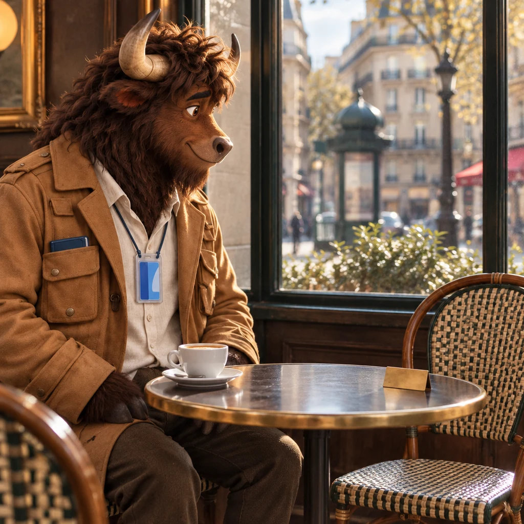 Gaspard in profile turned toward the unused window two-top, his café crème left cold on the saucer.