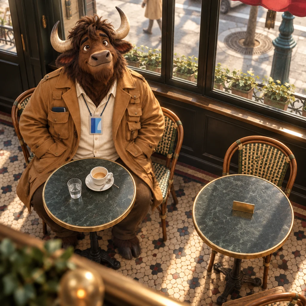 From above, Gaspard stays planted on two chairs at his table, with the unused two-top empty beside him.