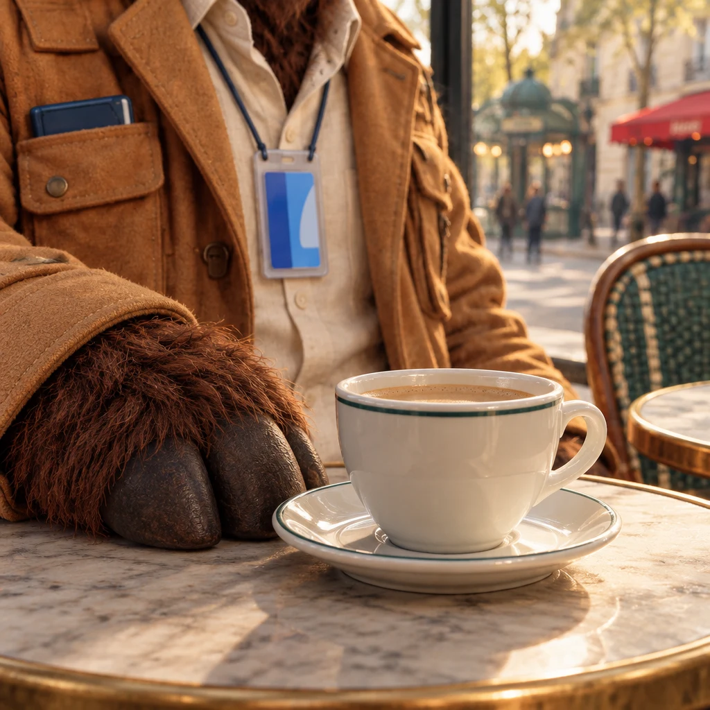 Gaspard's cold café crème sits untouched while his hand rests beside the saucer and does not reach for it.