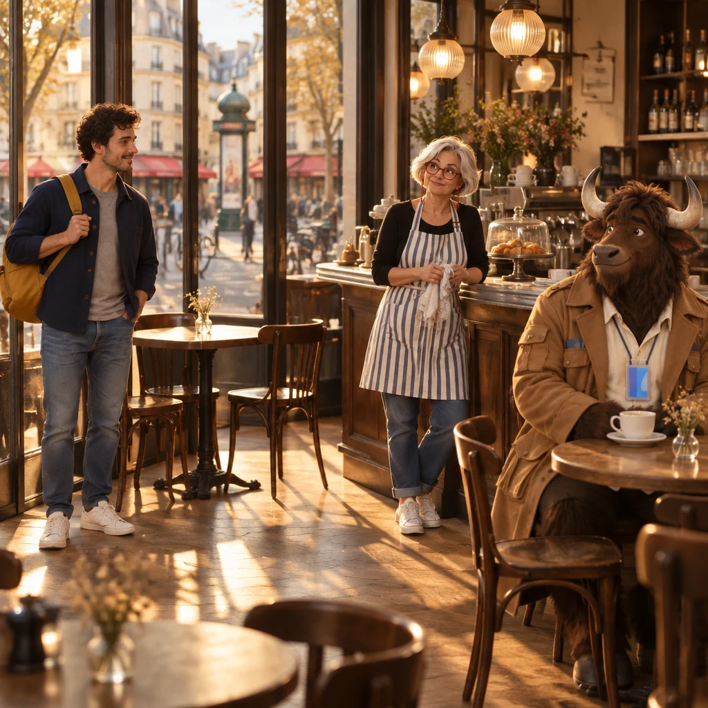 A wide late-afternoon view of the café with Sam at the empty window table, Odile at the zinc nodding toward two chairs, and Gaspard at the next table.