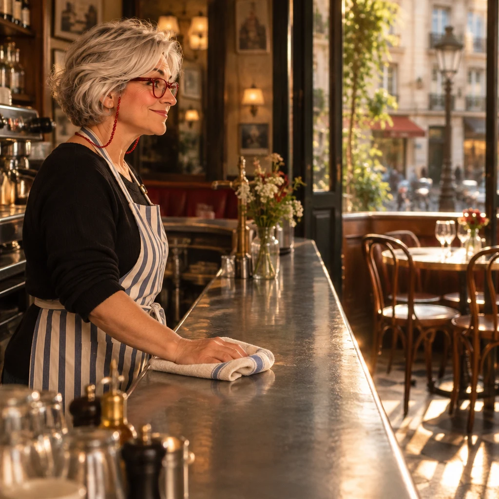 A profile view of Odile wiping the zinc and nodding toward the two empty chairs at the window table.
