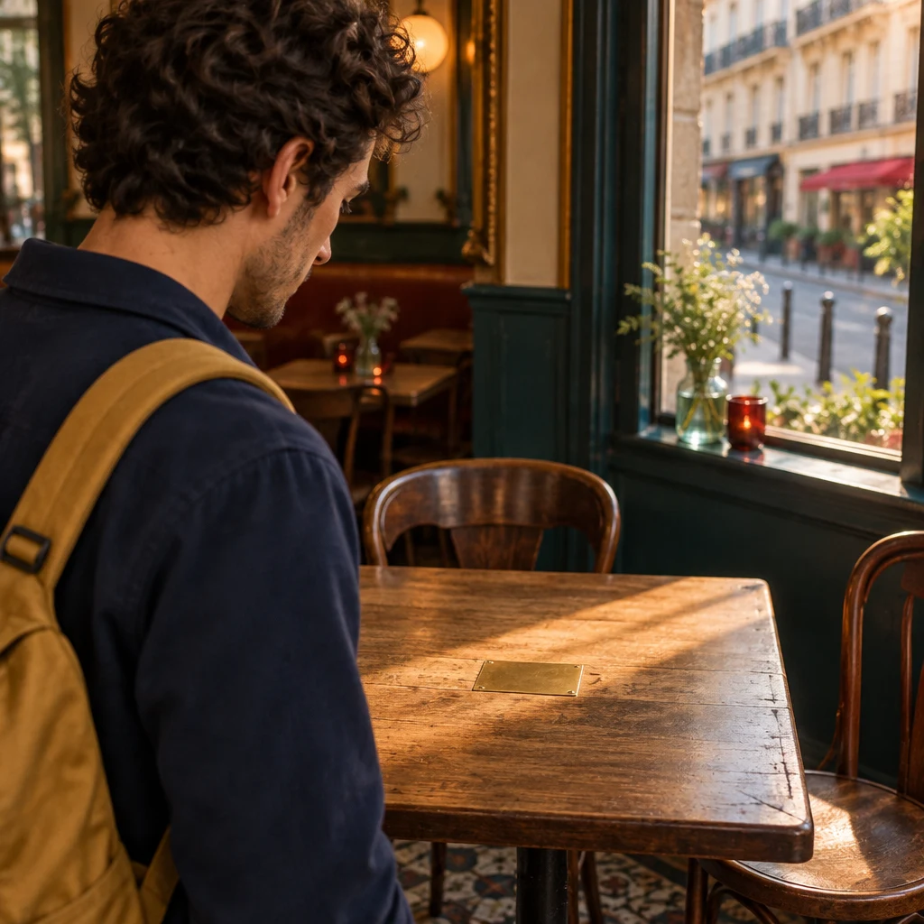 An over-the-shoulder view from behind Sam toward the blank brass plate on the empty window table.