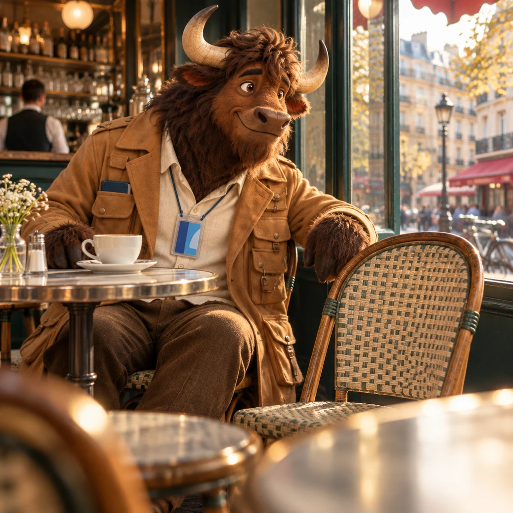 A low-angle view of Gaspard sitting on two chairs at the next table, untouched coffee in front, leaning toward the empty window table.
