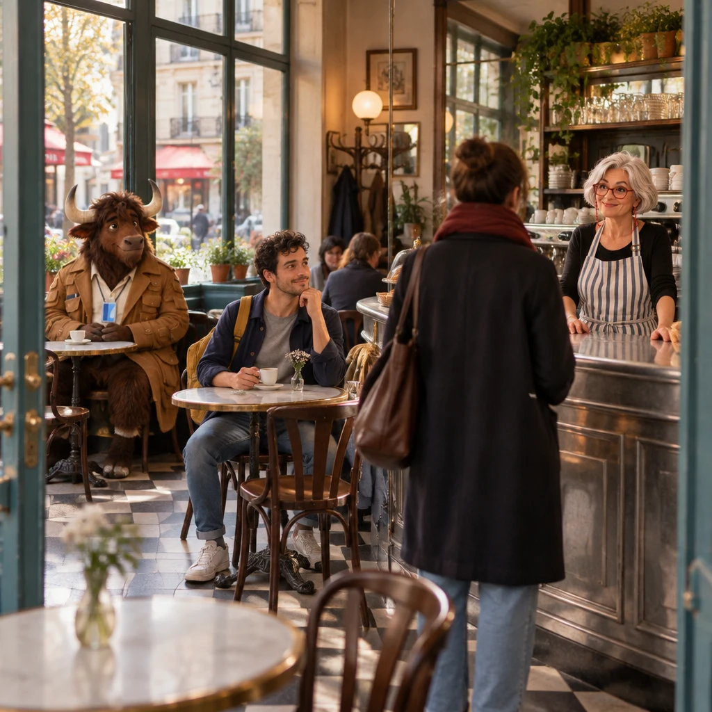 Wide late-morning café: Odile waits at the zinc, a newcomer stands frozen before Odile, Sam sits at a round table, and Gaspard occupies two chairs by the window.