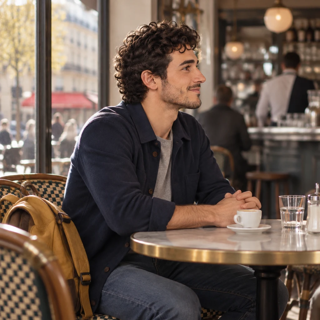 Profile of Sam at the round table, inward posture, looking toward the counter as if remembering.
